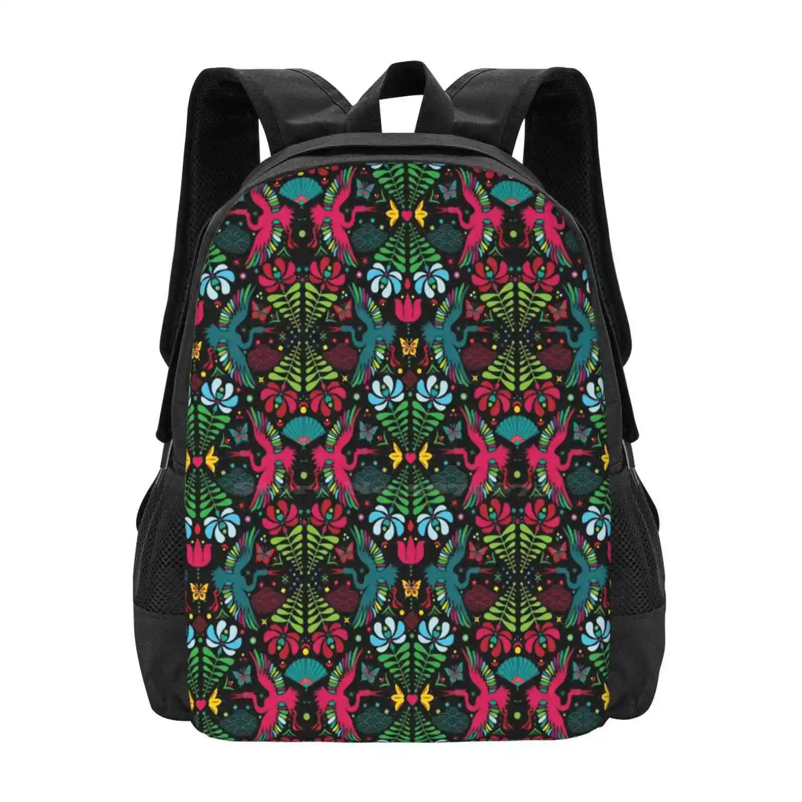 

As The Crane Flies Teen College Student Backpack Pattern Design Bags Folk Art Pattern Colourful Crane Floral Flower Butterfly