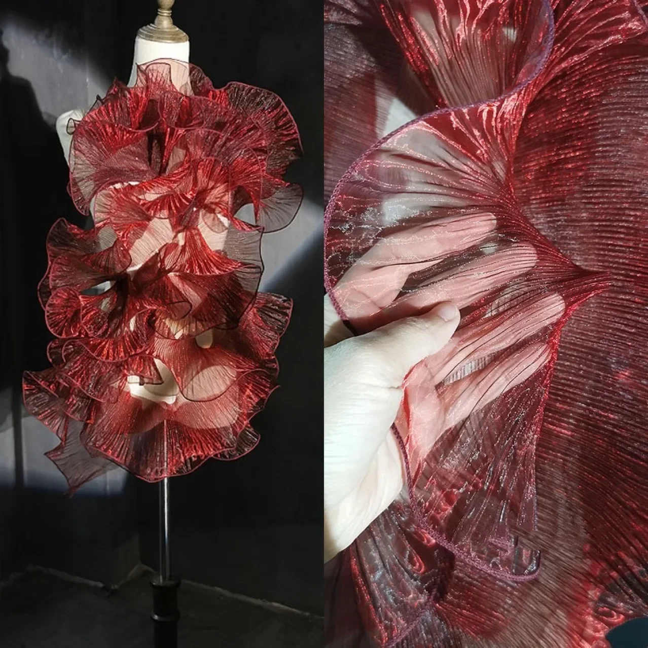 5Yards Maroon Organza Transparent Large Wave Lace Pleated Ruffle Wedding Dress Accessories Designer Fabrics 13cm