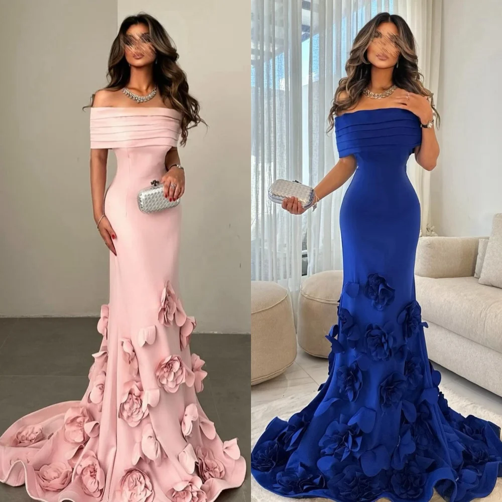 Customized Fashion Jersey Pleat Handmade Flower Trumpet Off-the-shoulder Long Dresses Bespoke Occasion Dresses Sizes Available