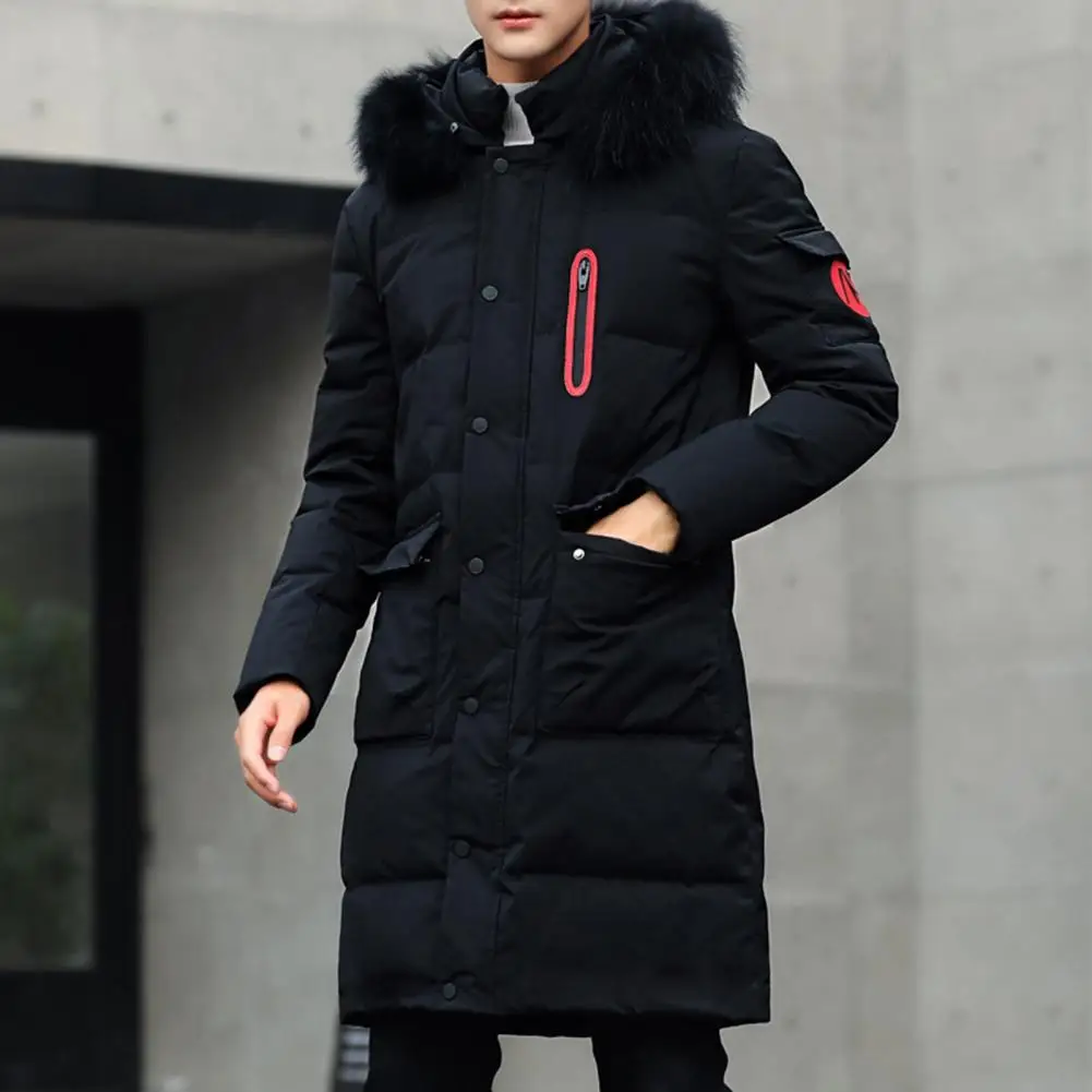 

Parkas Men Hooded Jacket Cotton Padded Long Sleeve Removable Faux Fur Collar Overcoat Winter Fluffy Filling Windbreaker Men