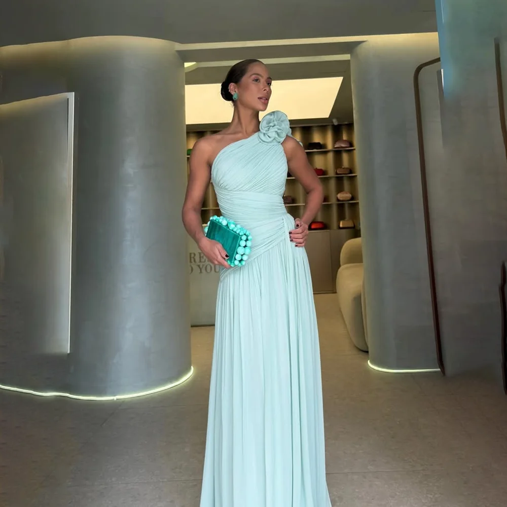 

Elegant Wedding Party Dresses for Women One Shoulder Flower Evening Gowns Long A Line Chiffon Pleat Party Dress Customized