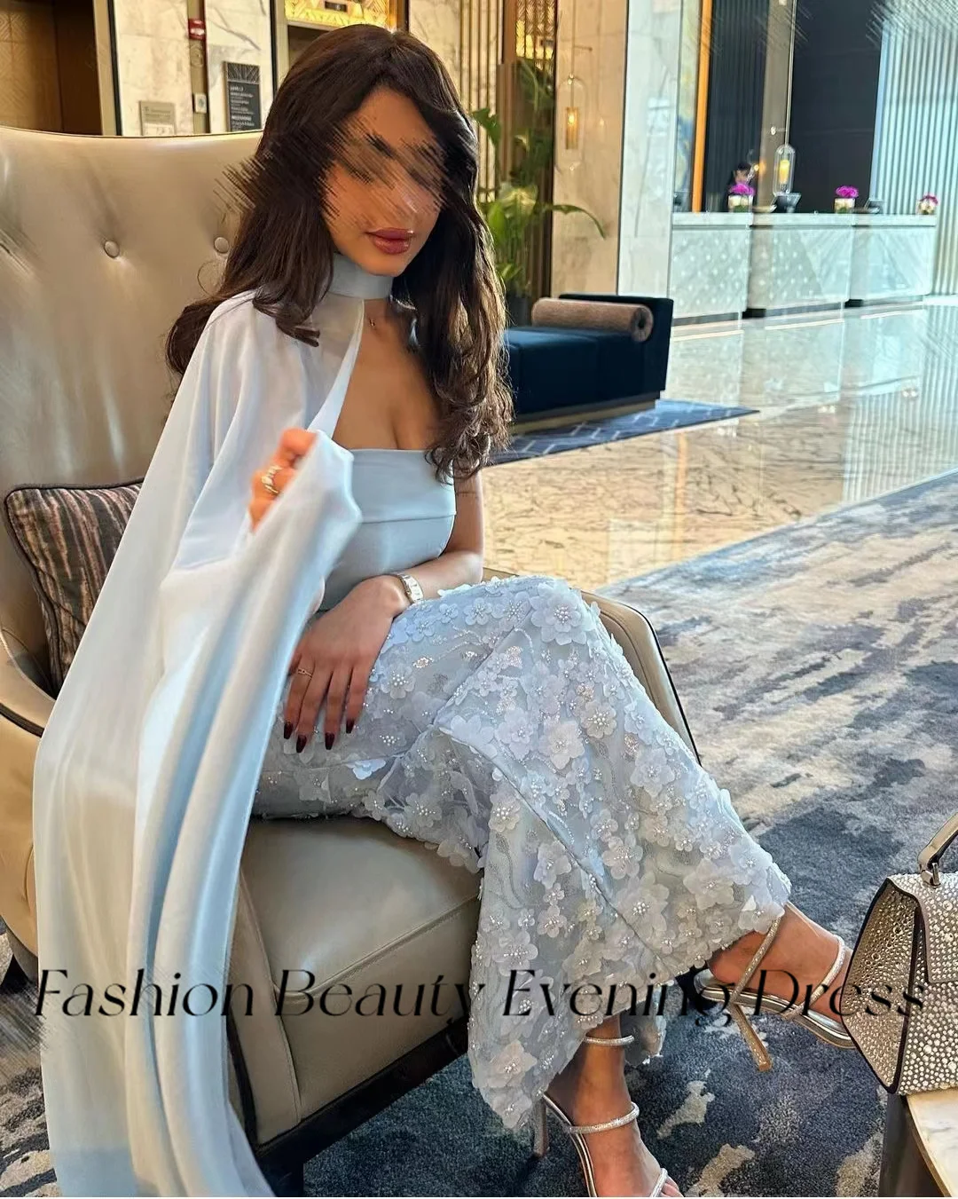 Fashion Beauty Sky Blue Evening Dresses Strapless Two-Piece Flower Bead Elgeant Formal Party Dress For Women 2024 فساتين السهرة