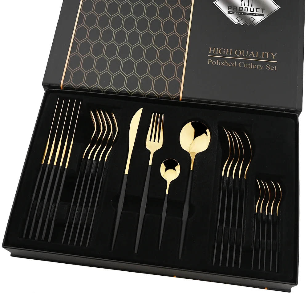 24pcs Black Gold Dinnerware Set Knife Forks Spoon Cutlery Set with Gift Box Stainless Steel Teaspoon Flatware Kitchen Tableware