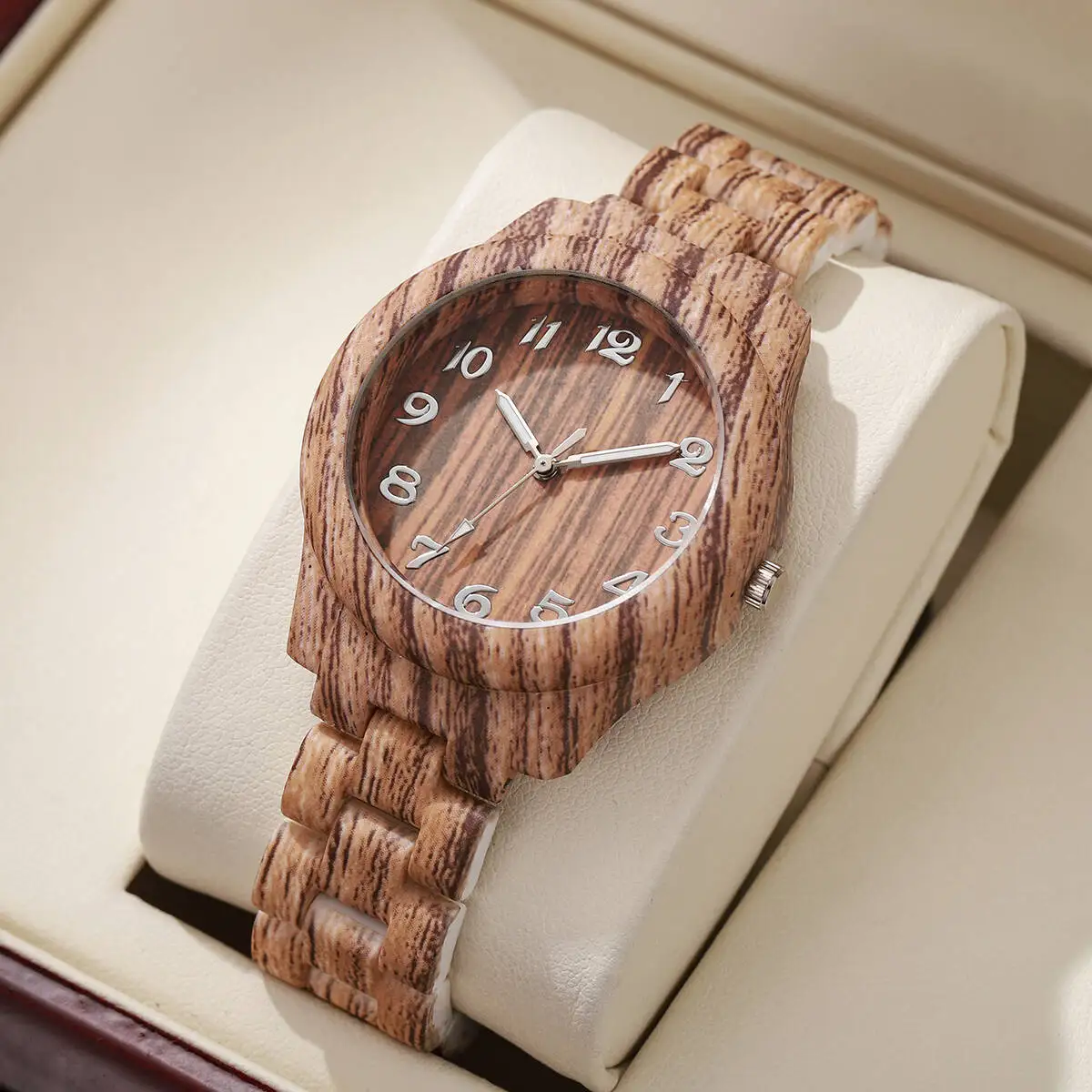 Relojes de moda para mujer, reloj de cuarzo con banda de plástico con patrón de madera informal para mujer, relojes de regalo femeninos