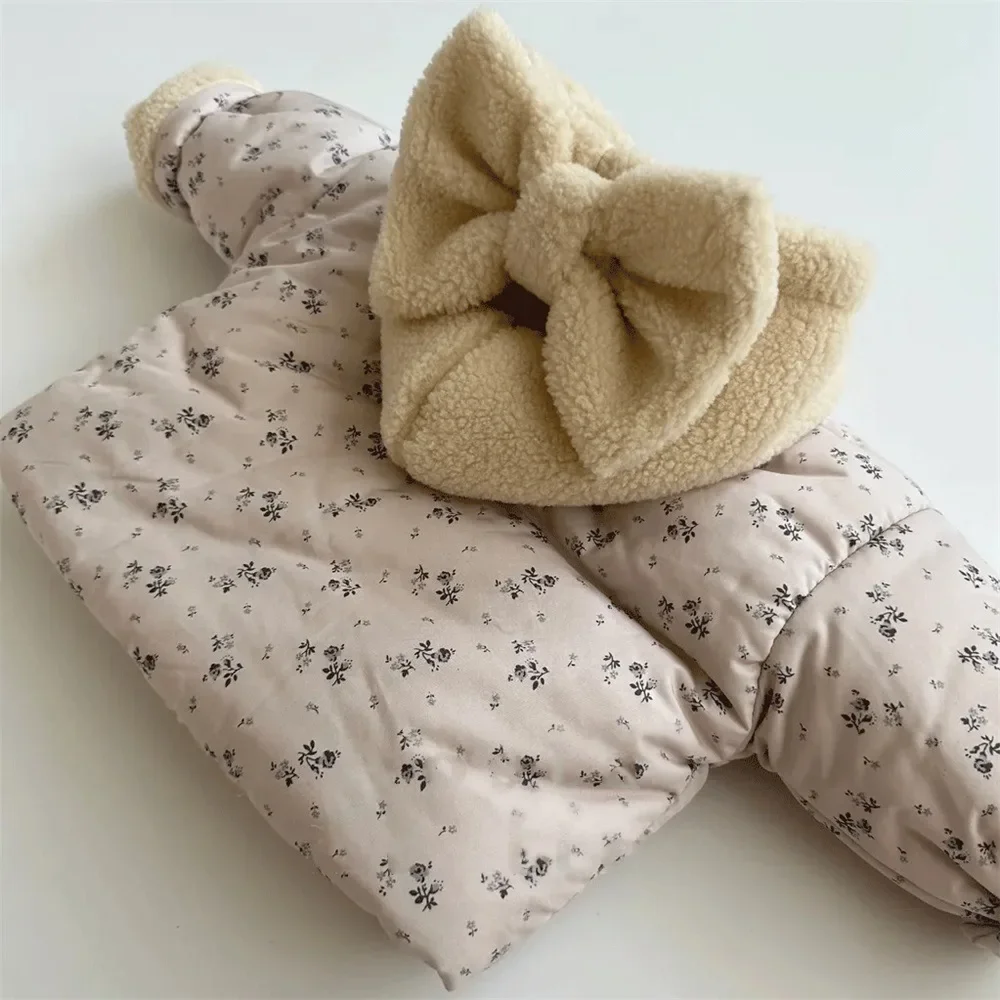 Newborn Baby Girls Lamb Fleece Coats Bowknot Autumn Winter Thicken Warm Hooded Outerwear Floral Infant Toddler Casual Jackets