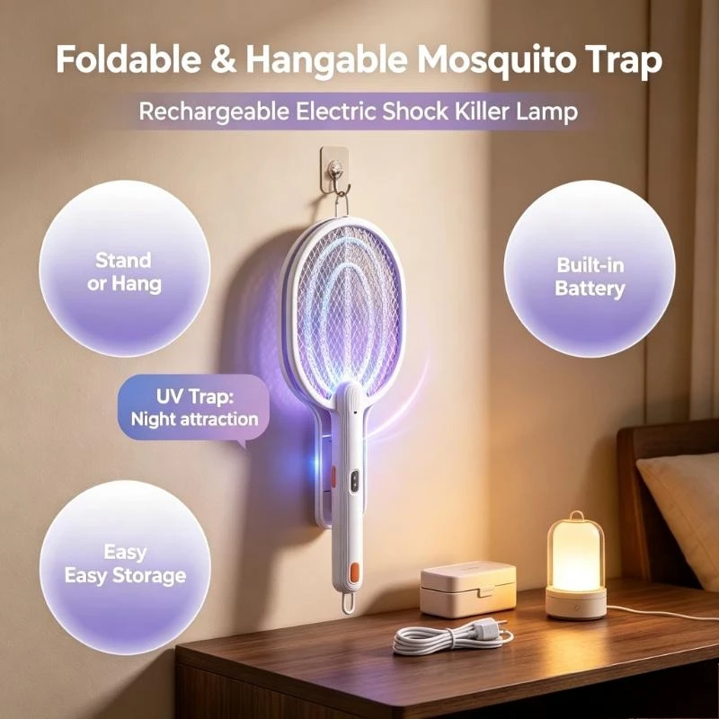 Rechargeable Electric Shock Suction Mosquito Killer Lamp Insect Trap for Indoor Bedroom Mosquito Fly Removal