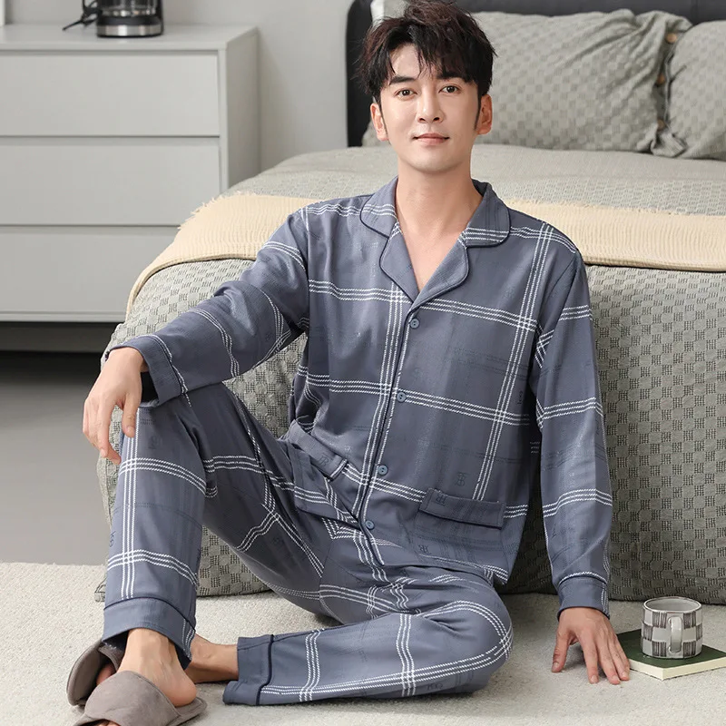 Men Autumn Winter Sleepwear Casual Cotton Pajamas Set 2Pcs Shirt&pants Nightwear Home Wear Long Sleeve Lapel Home Clothes