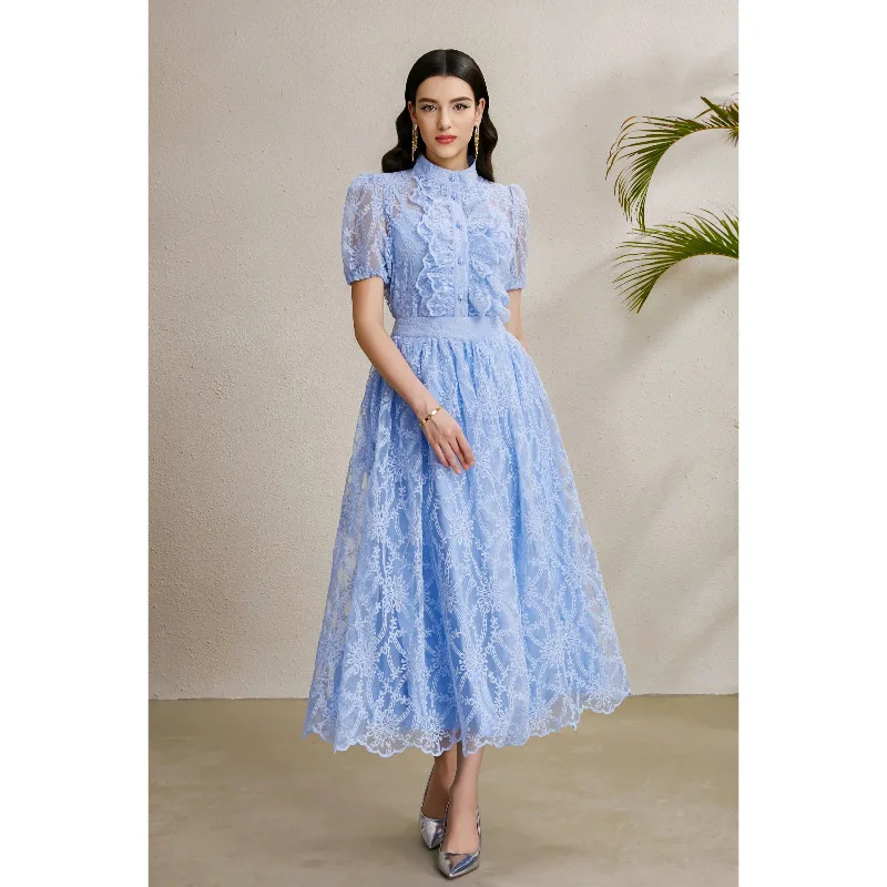 

French Small Fragrance Embroidery Suits Women Puff Sleeve Blouse Top+High Waist Slim Skirt Fashion Vacation Sets