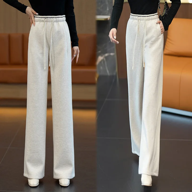 

Изящные шерстяные узкие широкие брюки для женщин, осенние и зимние новые утягивающие универсальные длинные брюки с высокой талией, тренд