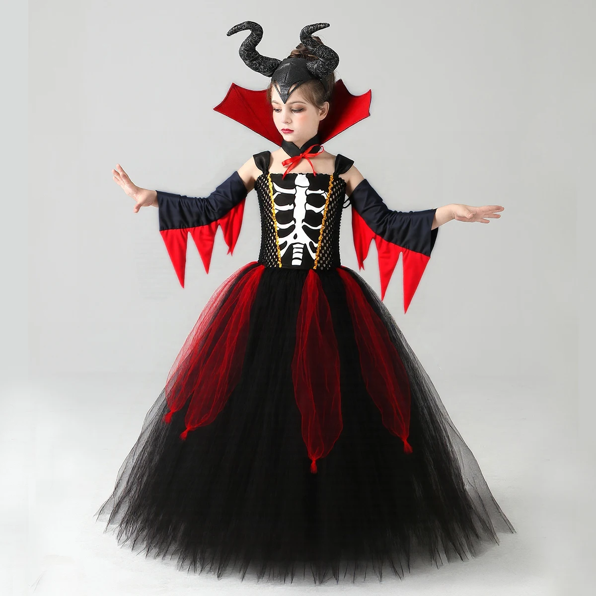 Girls Gothic Gown Demon Vampire Costume Evil Queen Fancy Witch Tutu Dress Kids Halloween Carnival Dress Up Party Clothes