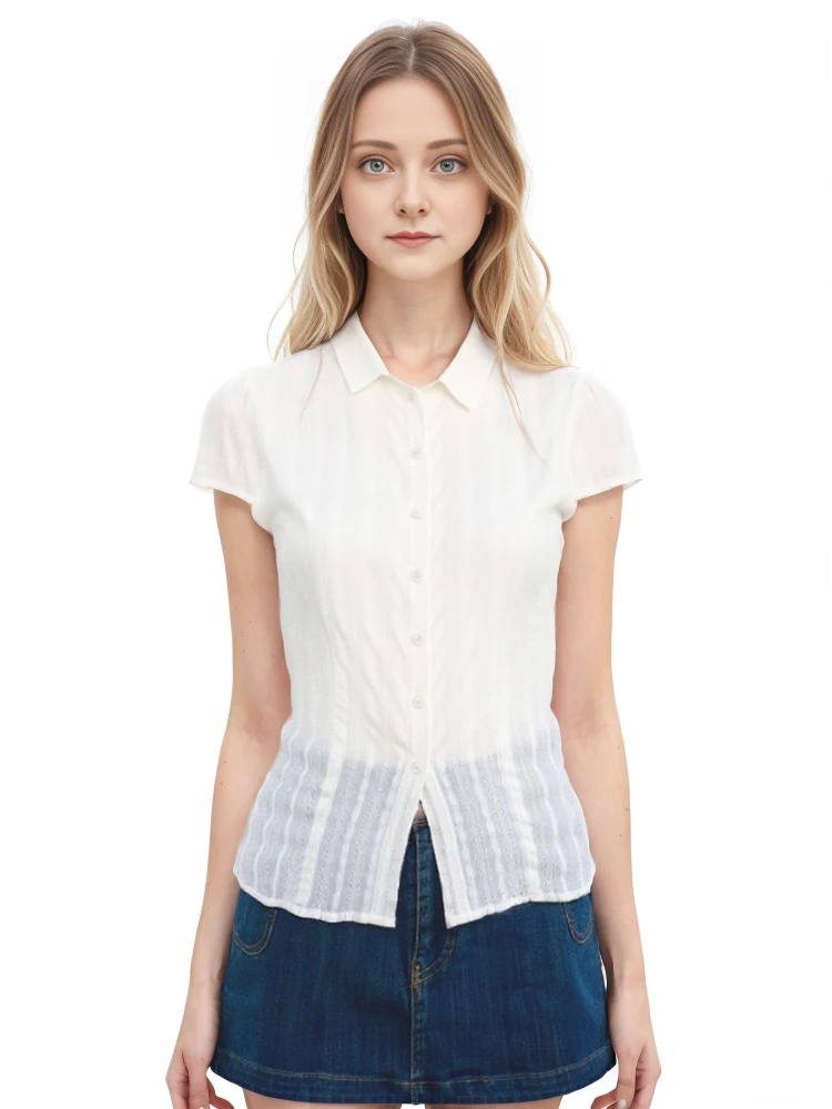 

Slim Fit Cotton ort Sve Summer irt Embroidered Hollow out White Ne Women's Faion Retro Sle Busin Casual