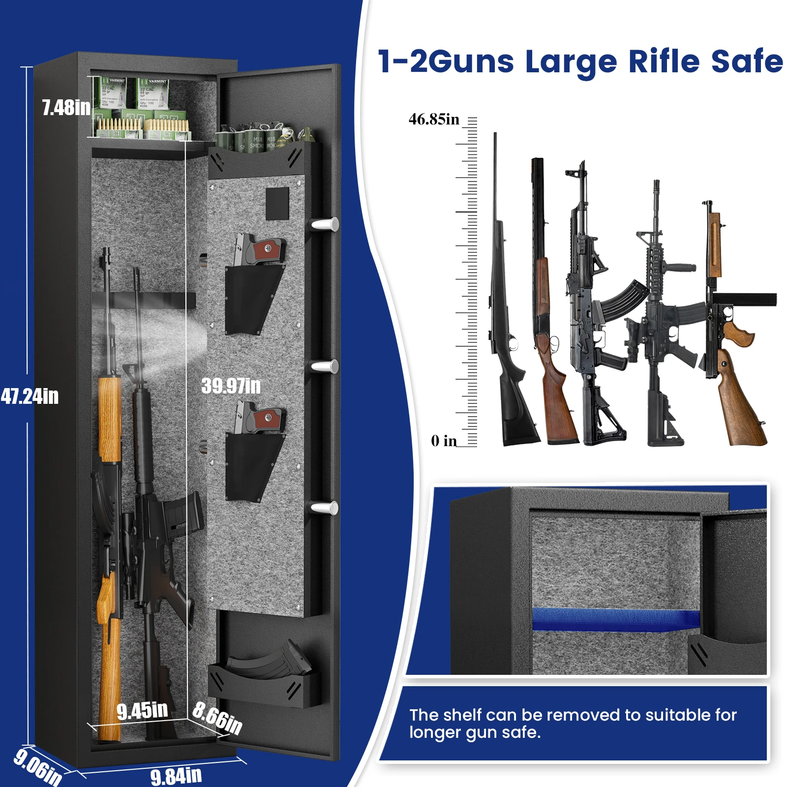 Kavey 1-2 Quick Access Digital Gun Safe, Gewehrsafe mit einstellbarer Waffenunterstützung, abnehmbarem Regal, Dual-Alarm und Stummschaltungsmodus