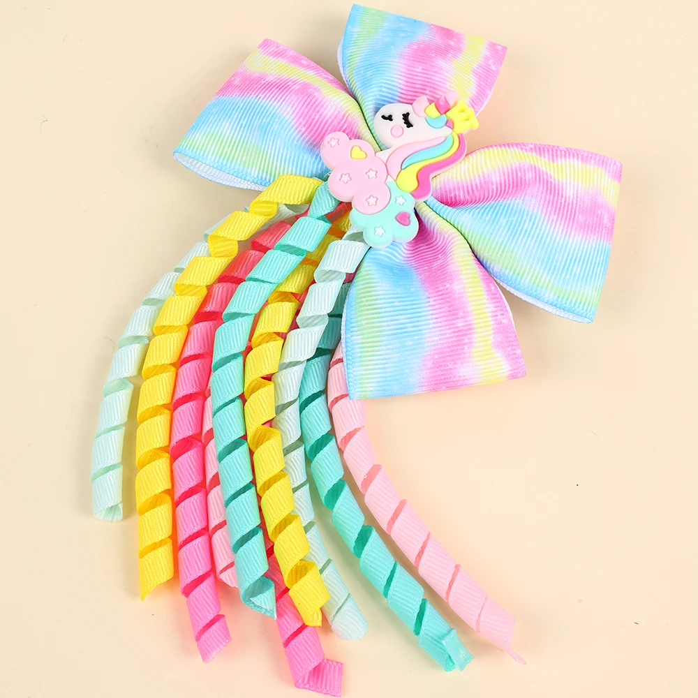 ncmama Rainbow Unicorn Curly Ribbon Bow Hair Clips for Girls Cute Tassel Hairpin Girl Ponytail Holder Boutique Hair Accessories