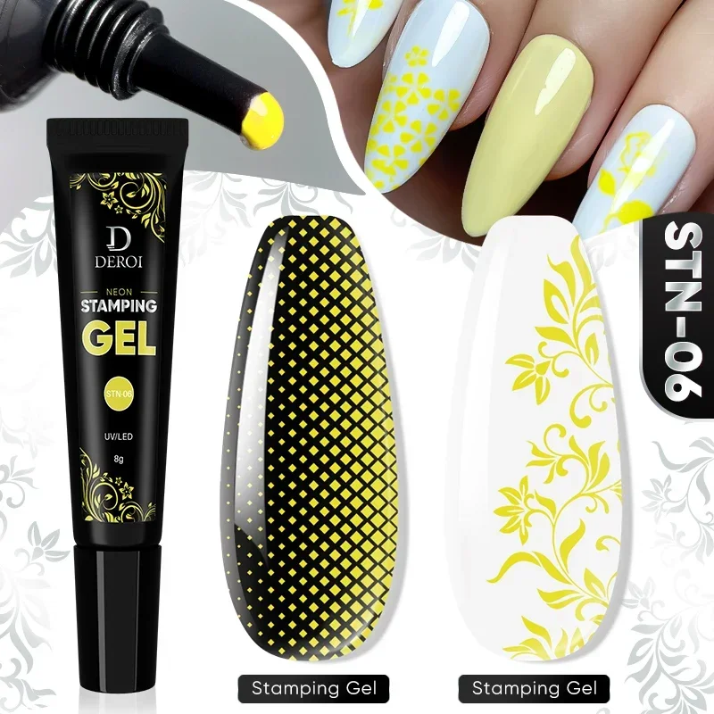 네일 스탬핑 젤 광택제 네온 컬러 네일 프린팅 광택제, UV 젤 흡수 바니시, 초보자용 DIY 네일 플레이트 디자인 DEROI, 8g
