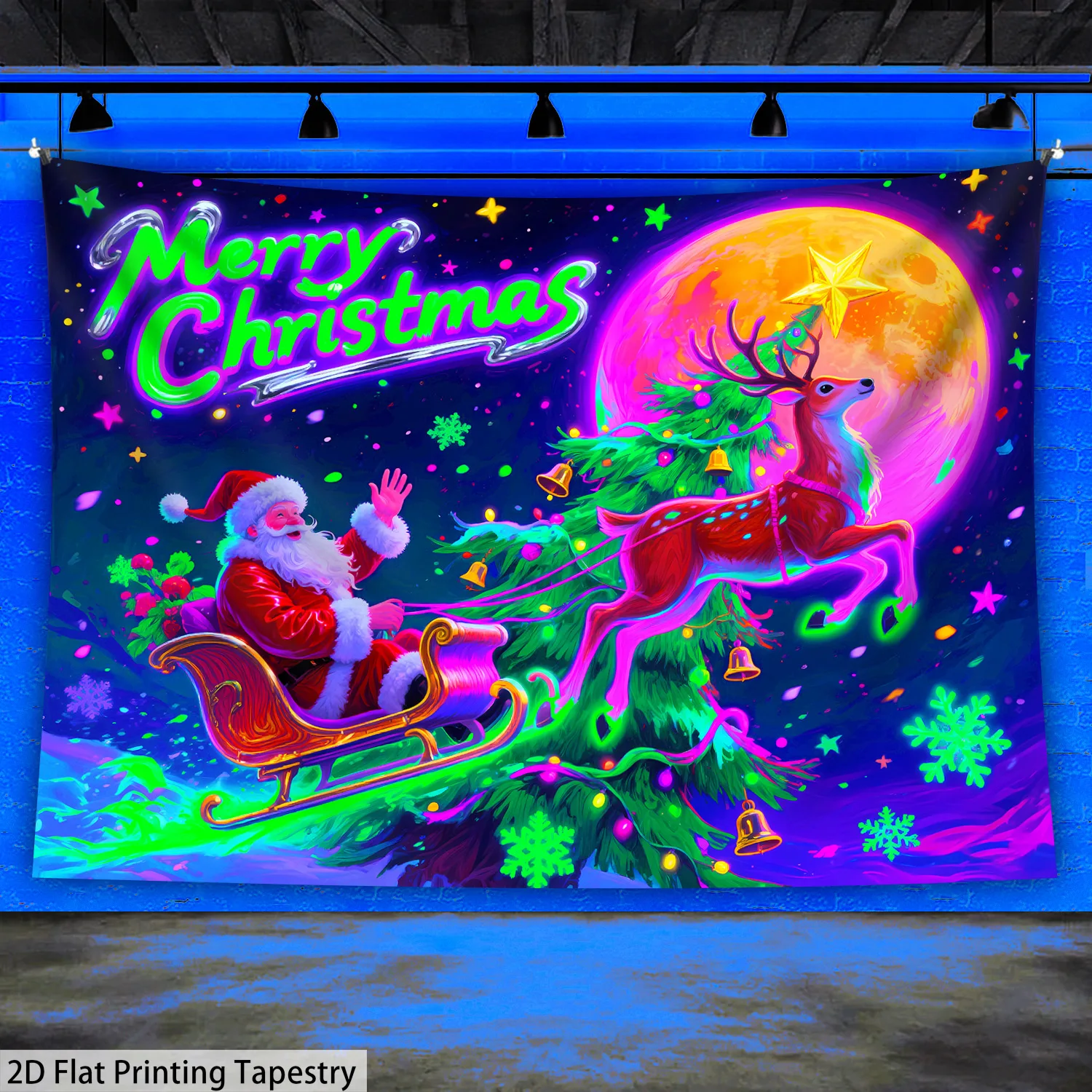 VIKAMA Bunter Cartoon-Rentier, Weihnachtsmann, fluoreszierender Wandteppich, Festival-Atmosphäre, Dekoration, hängende Stoff-Heimdekoration