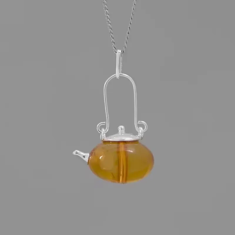 INATURE Vintage 925 Sterling Silver Natural Amber Teapot Pendant Necklace For Women Jewelry Gift