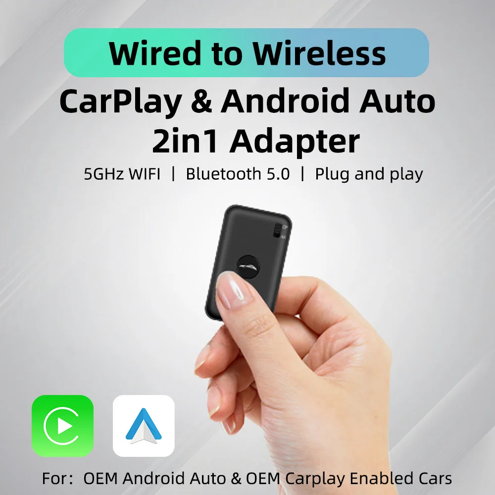 Mini adaptateur Carplay sans fil pour voiture, Android Auto, filaire vers sans fil Smart Ai Box, Bluetooth, WiFi, LED allergique automatique, 2 en 1