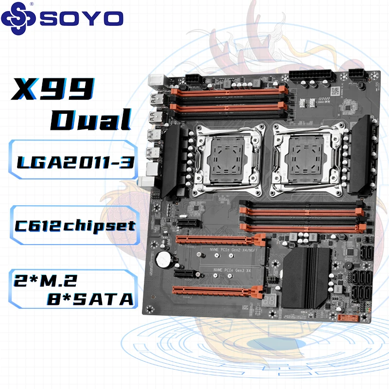 

Материнская плата Soyo Intel X99 с двумя процессорами, чипсет X99 Mobo C612, поддерживает LGA2011-3, поддерживает память до 256 ГБ DDR4 NVMe M.2 USB3.0.