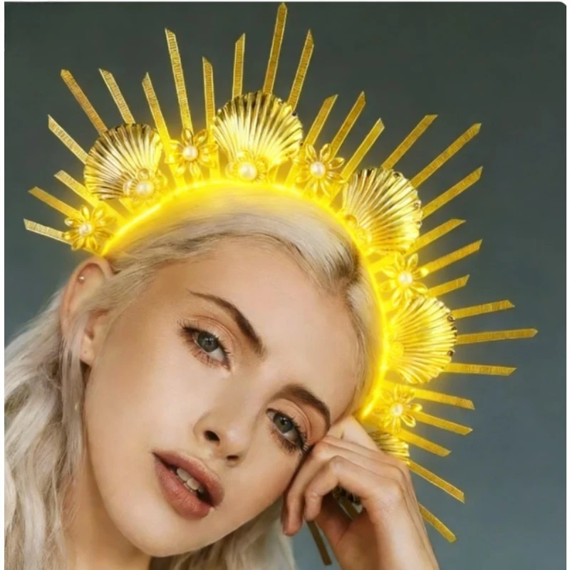 

Светящаяся корона богини | Светодиодная светящаяся повязка на голову Halo с ракушками и жемчугом, регулируемый головной убор для женщин на Хэллоуин, косплей,
