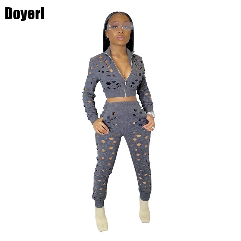 

Women Casual Tracksuit Two Piece Set Winter Long Sleeve Zipper Hollow Out Top and Pants Set Two Piece Sweat Suits Matching Sets