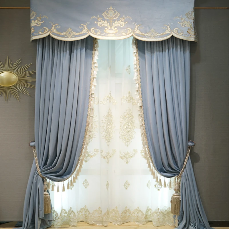 

Simple and Elegant Velvet Cloth Light Luxury European Style Villa Solid Blue Blackout Curtains for Living Dining Room Bedroom