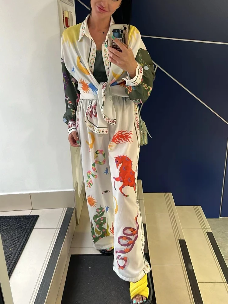 Vacation Loose Printed 2 Pieces Pant Sets Women Lapel Long Sleeve Blouse  Wide Leg Pants Suit Summer Beach Holiday Outfits