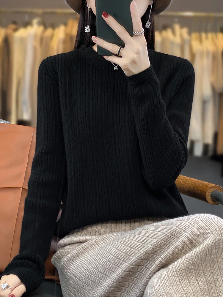 Women's Pullovers O-Neck Striped Sweater 100% Merino Wool Knitwear Autumn Winter Soft Casual Loose Basics Thick Tops