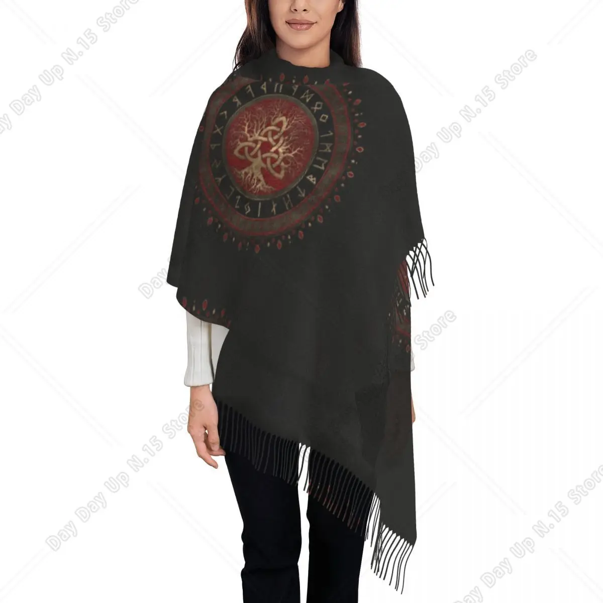 Fashion Tree Of Life With Triquetra Tassel Scarf Women Winter Warm Shawls Wraps Lady Vikings Scarves