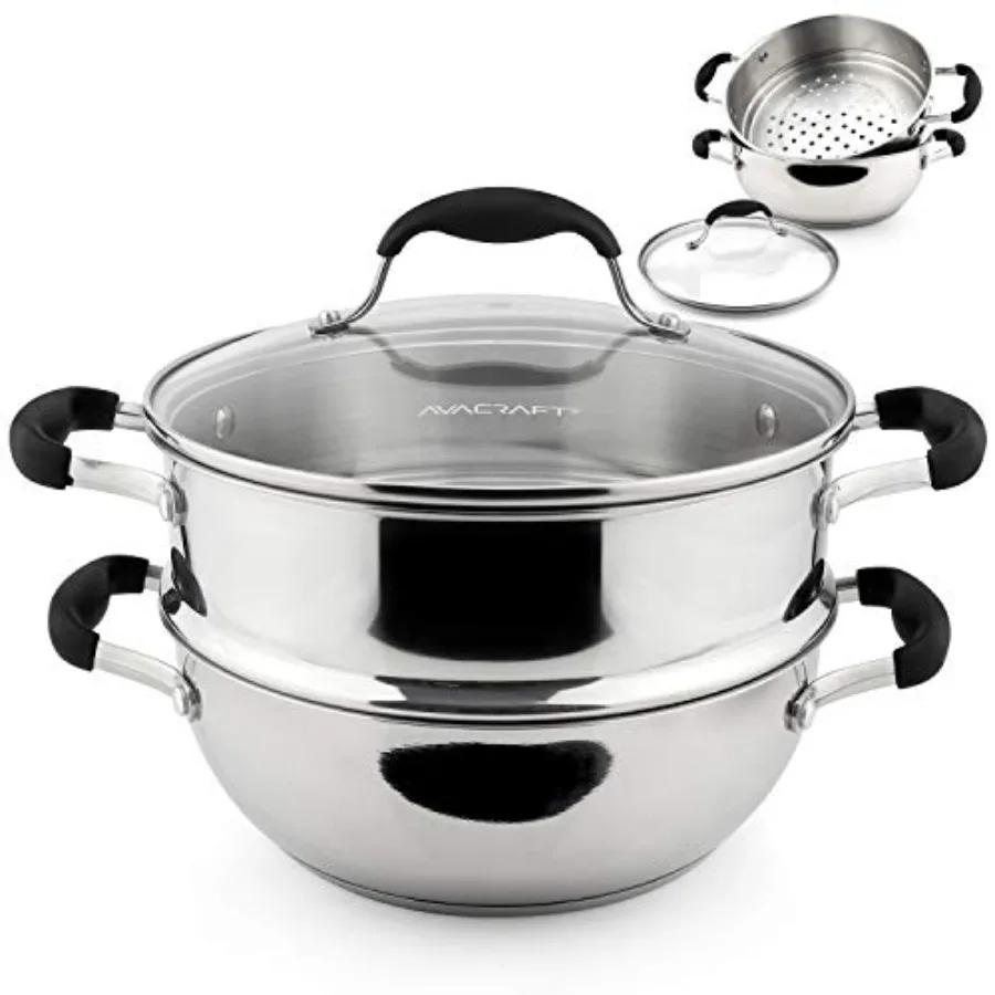 Juego de 3 Piezas de Ollas y Sartenes de Acero Inoxidable 18/10 con Tapa de Vidrio, para Cocinar al Vapor, Apto para Inducción, para Preparar Momo