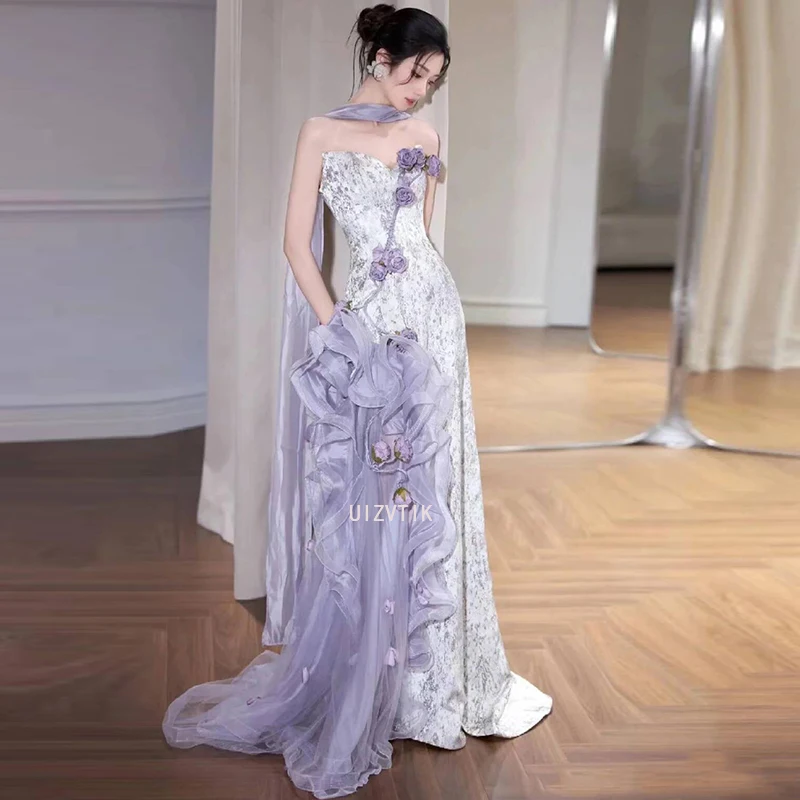 

Purple Prom Dresses Lavender 3D Flower Gorgeous Party Dresses Woman 2025 Customized Wedding Reception Floor Length Evening Dress