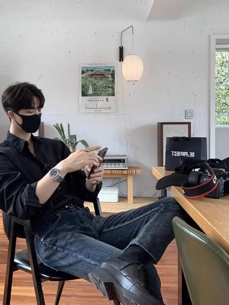 メンズ ブラック 長袖シャツ プレミアム クール カジュアル スタイル 夏 大人 軽量 ドレープ インナー トップ