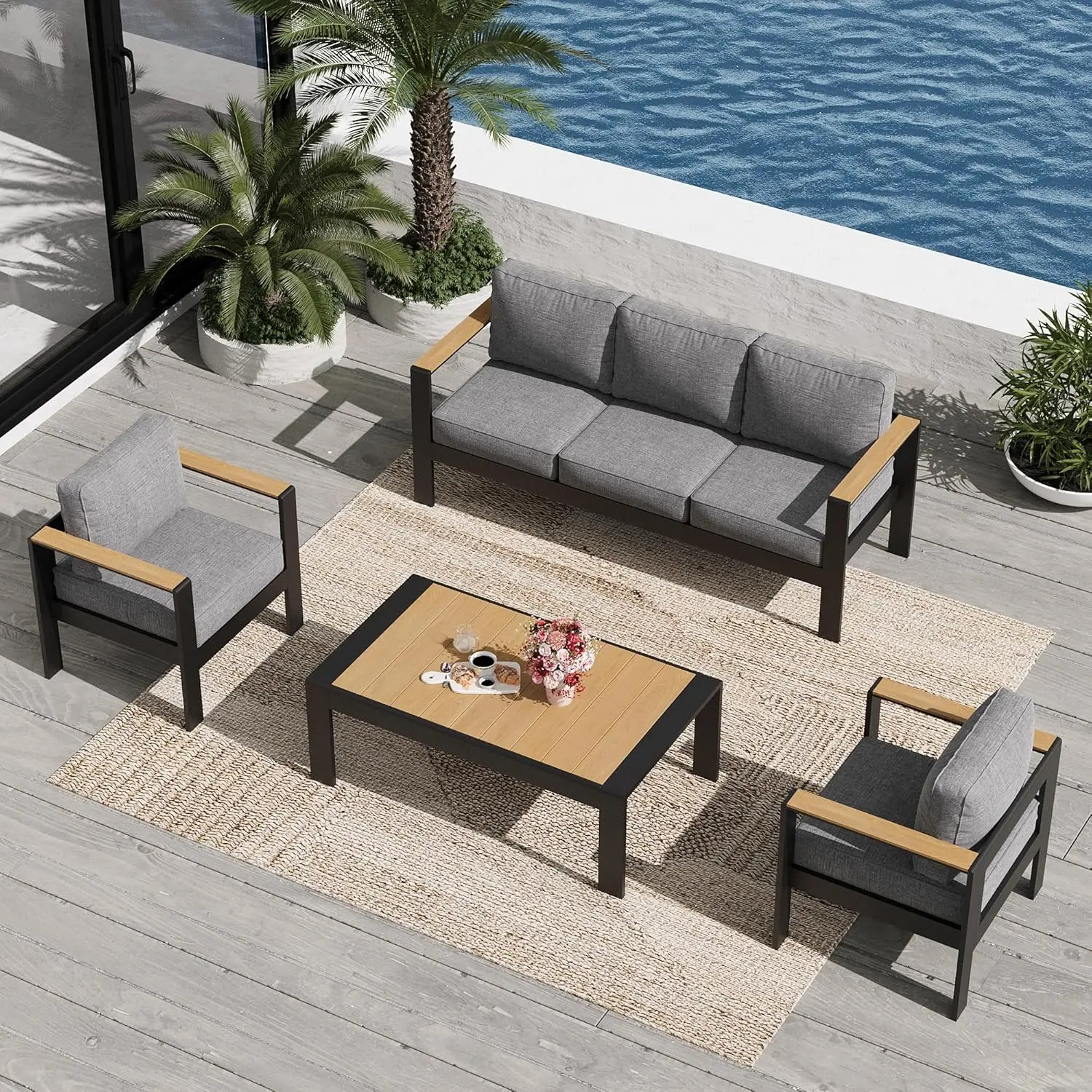 o*-Aluminum Outdoor Patio Furniture Sets, 4 Piece Metal Patio Conversation Sets with Coffee Table with 5 Inch Cushion,