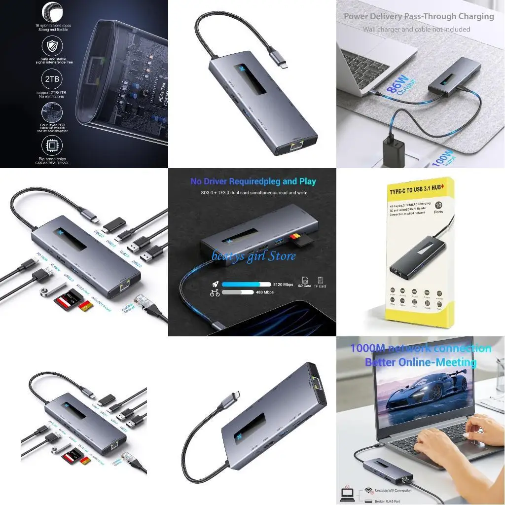 

C7AB интеллектуального типа C Docking Station Hubs 10 в 1 USB -алюминиевый USB C -адаптер 10 Порт Используйте одновременно для