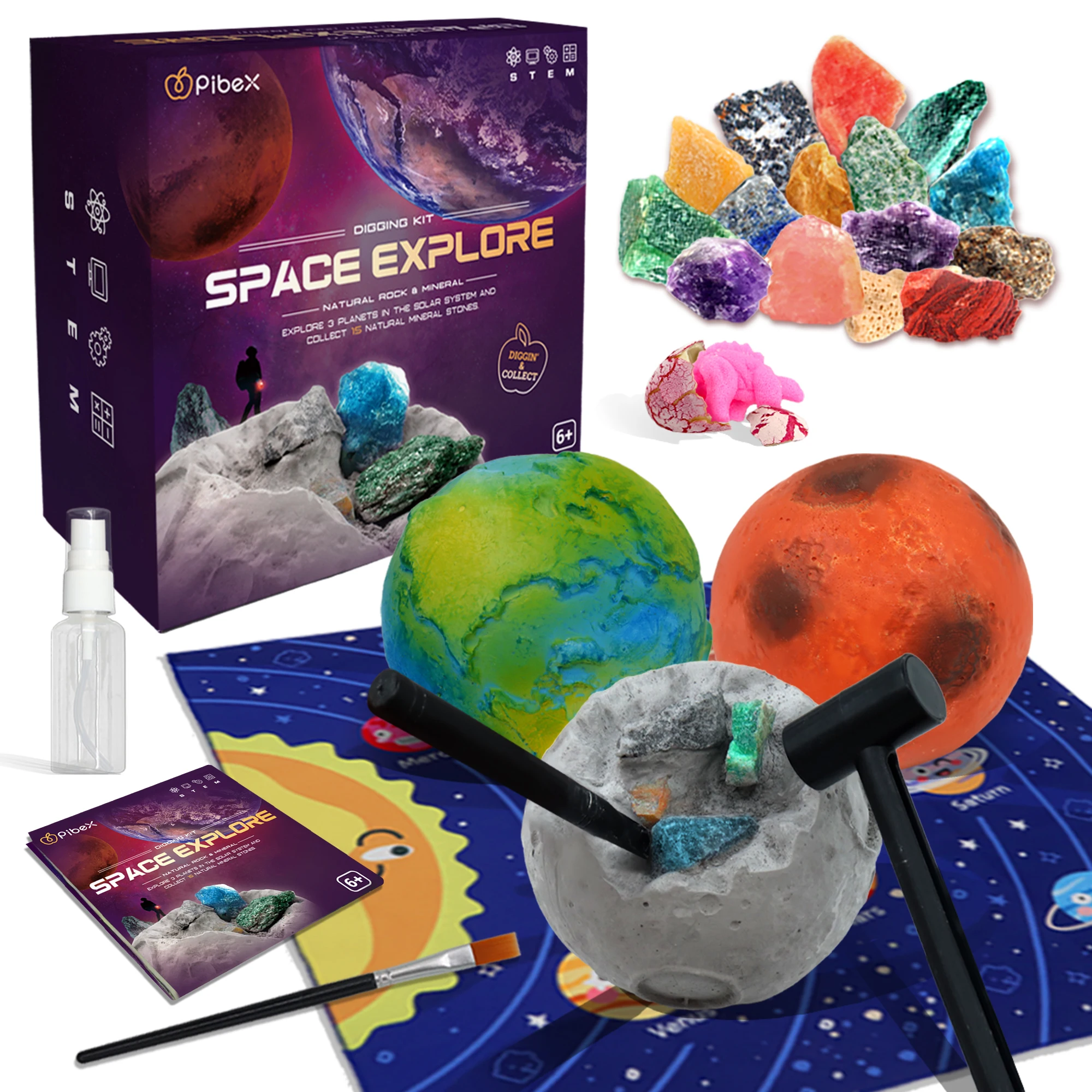 Gemstone Dig Kit 3-IN-1 Solar System Excavating up 15 Genuine Rocks & Minerals Planets Explore Experiment Project Toy Gift