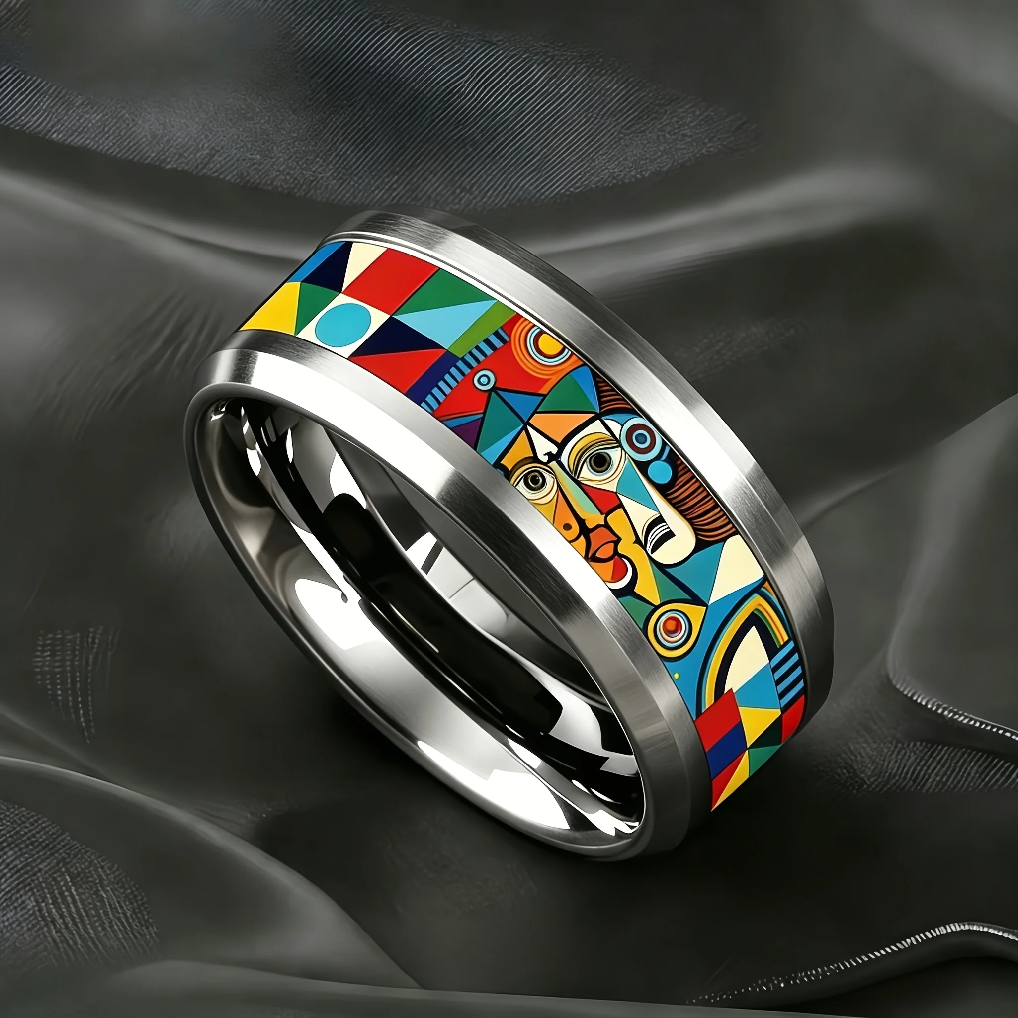 SUNFLOWER Fashion Universe Men Stainless Steel Rings Non-fading Festival Starry Sky Wedding Band Jewelry Double Bevel Ring