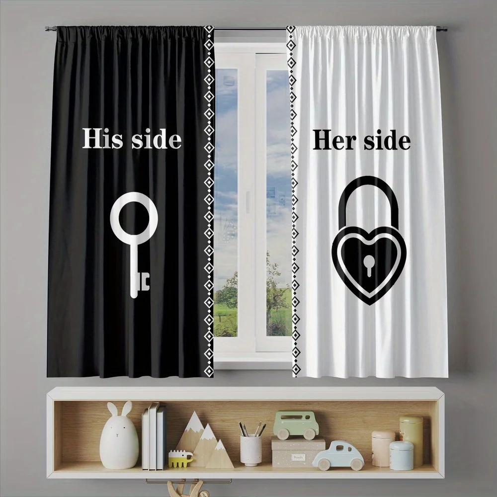 His Side Her Side Curtain Black White Key Lock Pattern Drape Romantic Couple Window Treatment for Bedroom Living Room Home Decor