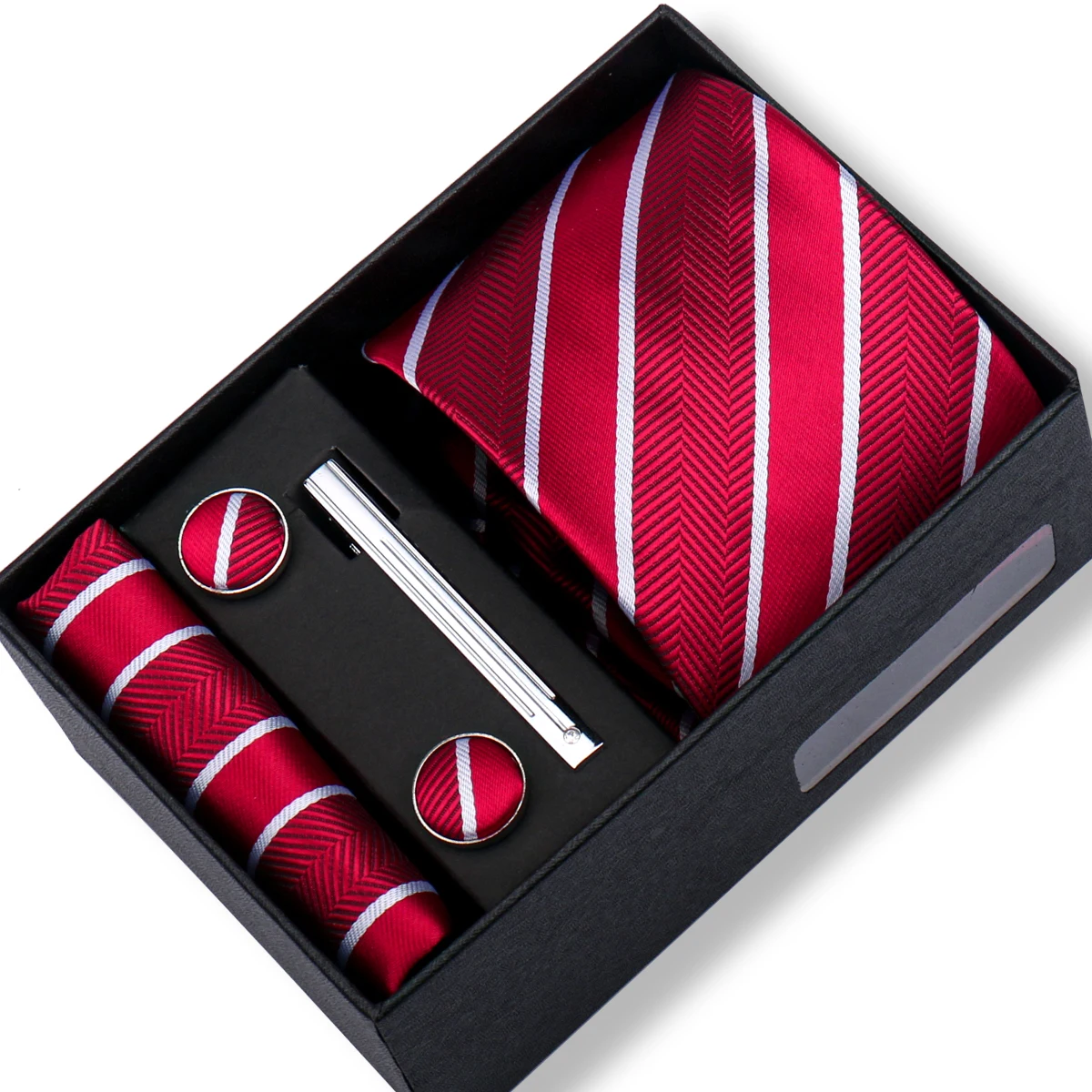 Fashion Elegant Men's Necktie Gift Box Striped Tie Handchief Cufflink Tie Clip 4 piece Wedding Business Party Suit accessories