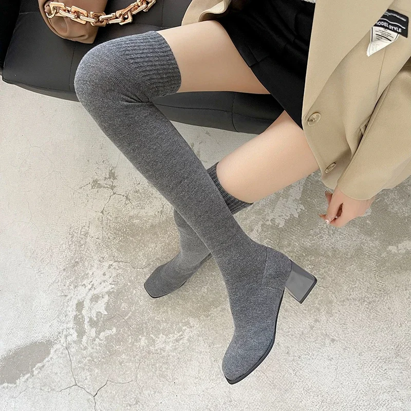 Botas altas hasta el muslo, zapatos, calcetín por encima de la rodilla para mujer, medias sexis elegantes para mujer, tacones gruesos, bota larga