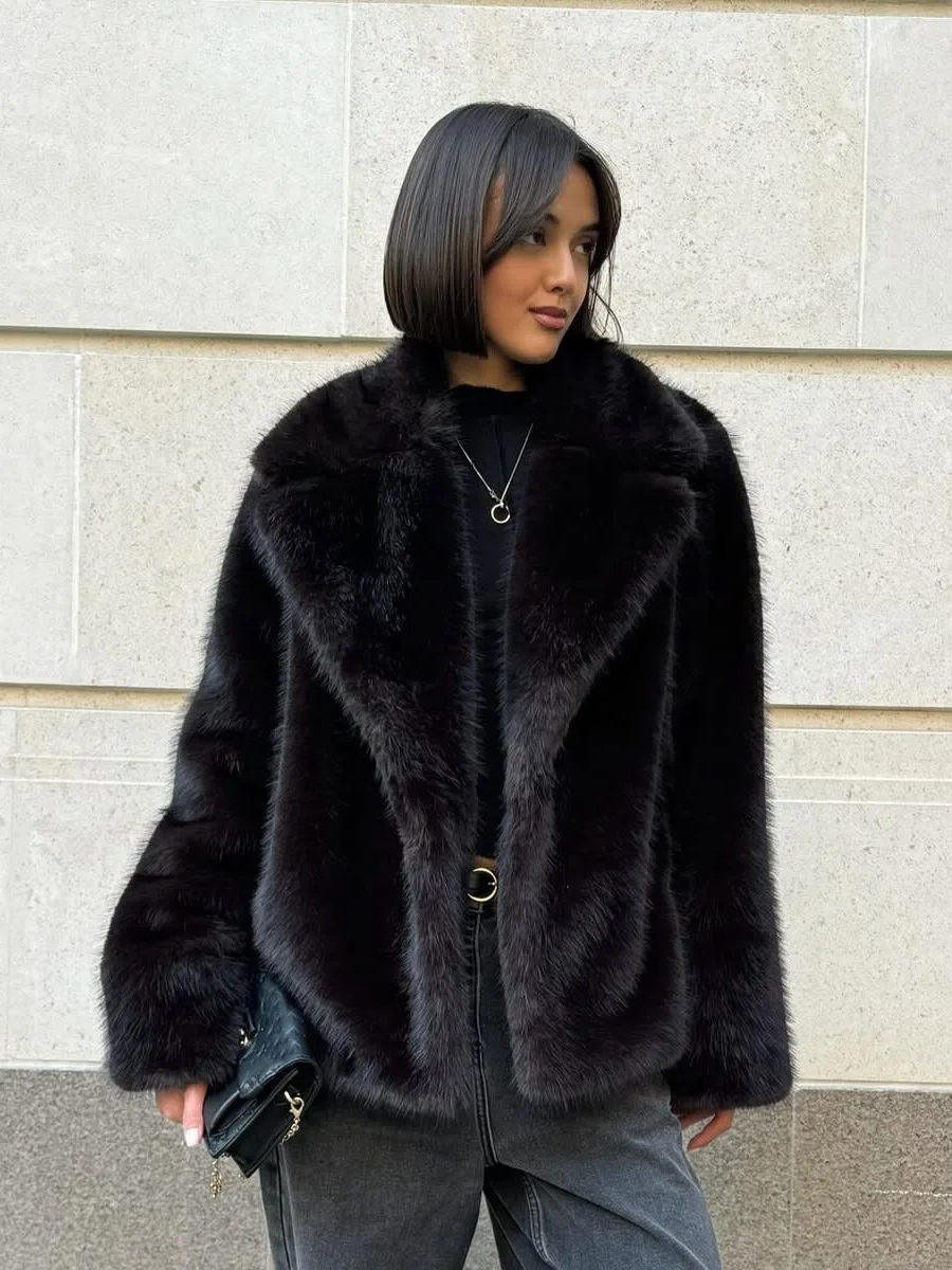Winter Warm Thick Jacket Outerwear Women Wide Lapel Faux Fur Short Drop Shoulder Long Sleeve Loose Solid Black Soft Fluffy Coat