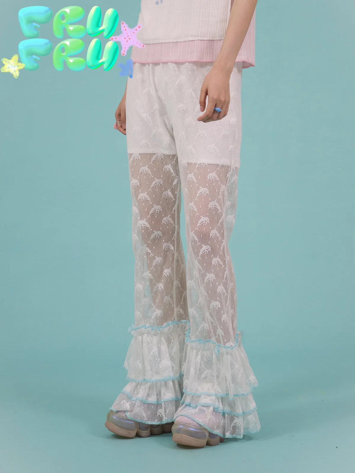 

Frufru Gulu Store Original Design Summer Dolphin Lace Girl Casual Bell Bot Pants Asymmetric Wide Leg Pants Polyester Fiber
