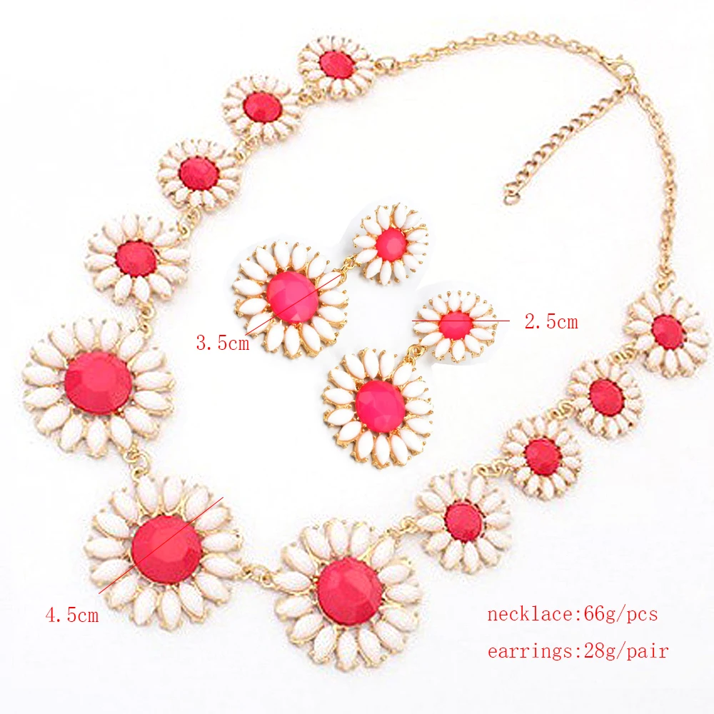 New Trendy Enamel Crystal Daisy Flower Jewelry Set Women Statement Bib Necklace Dangle Earrings Bride Wedding Party Jewelry Set