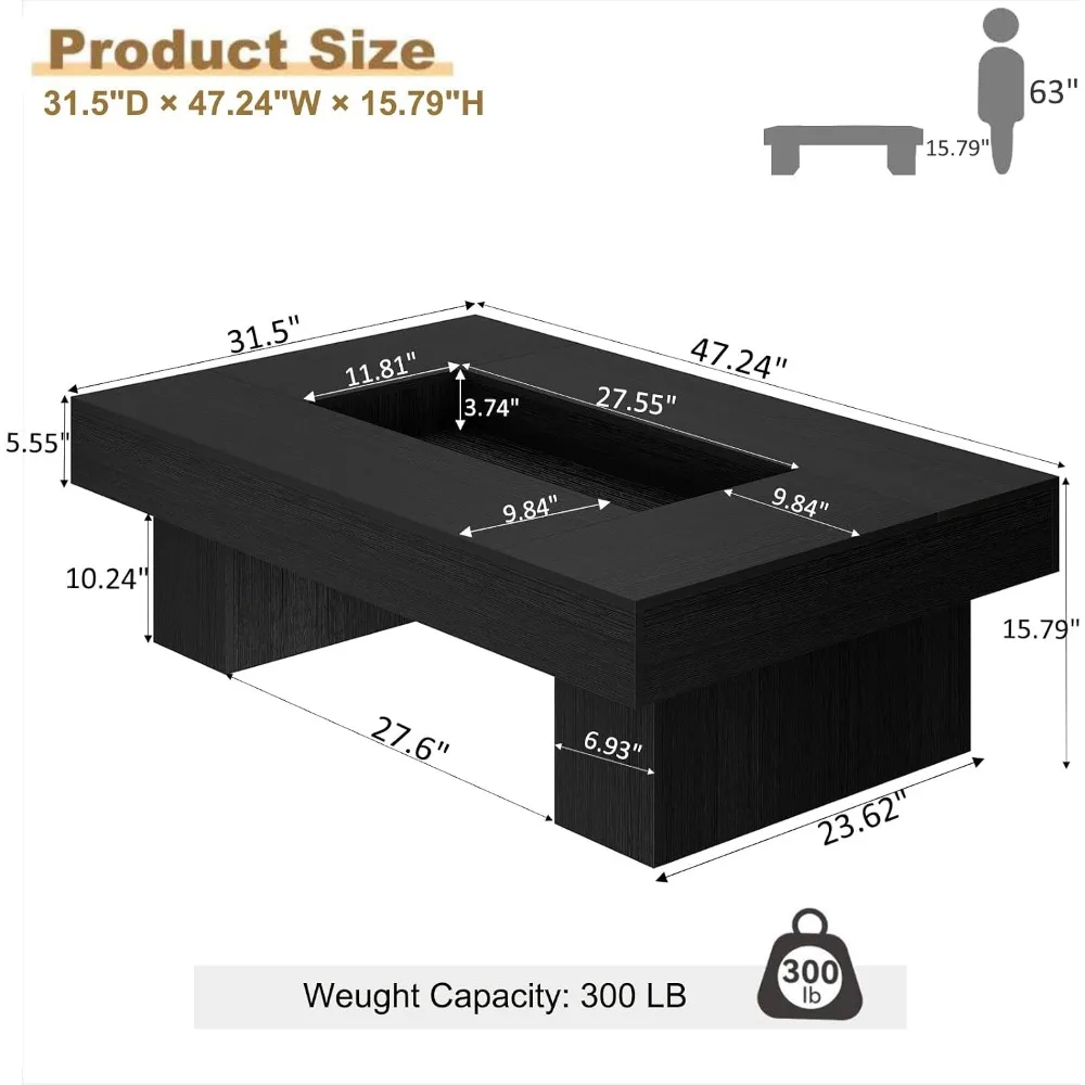 LVB 47x31 Inch Large Rectangle Black Oak Coffee Table with Storage for Living Room