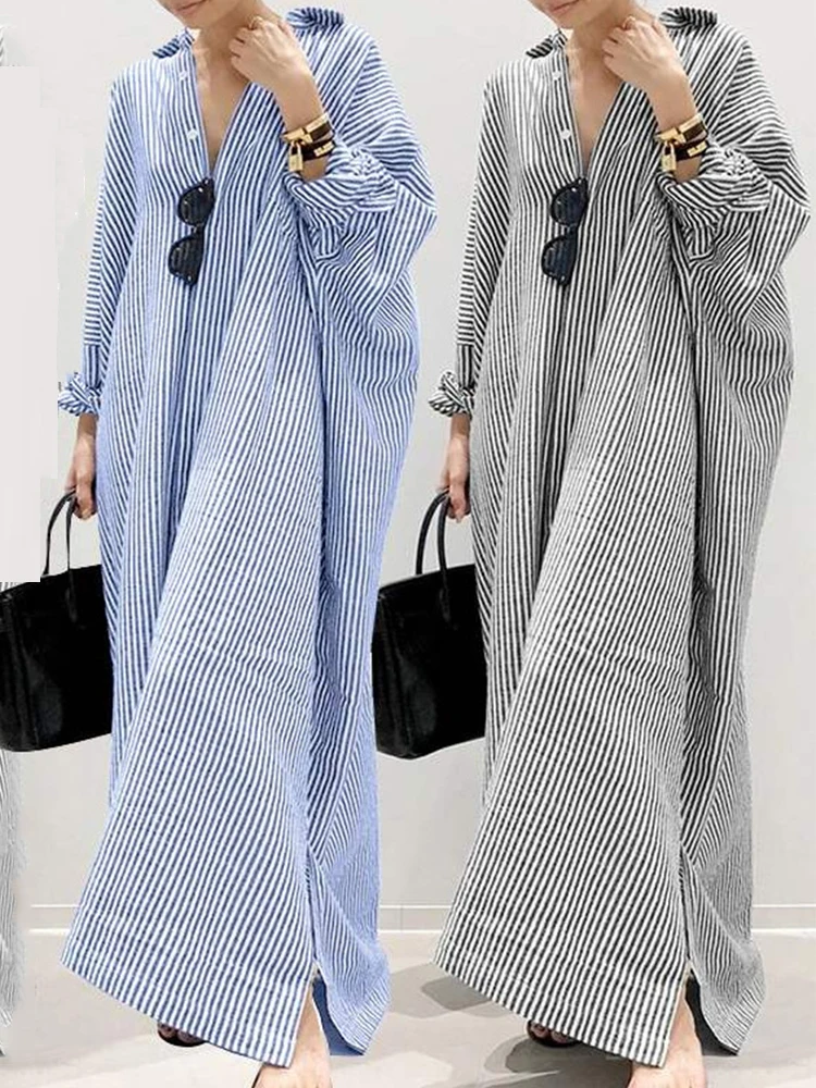 Summer Dress Cotton Linen Striped Cardigan Shirt Dress Women Muslim Loose Large Casual Temperament Irregular Long Vestidos 2022