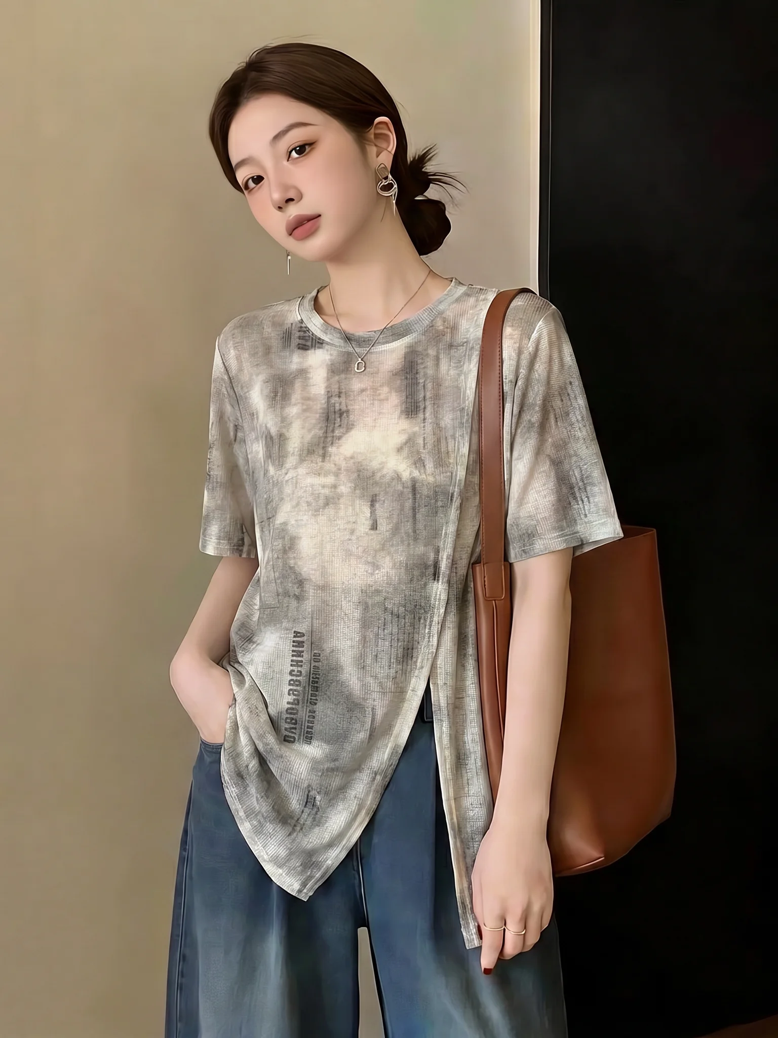 

Summer New Style Women's Loose Fit Short Sleeve T-Shirt Dyed Thin Regular Shoulder Micro plus Size Irregular Top Commute Style