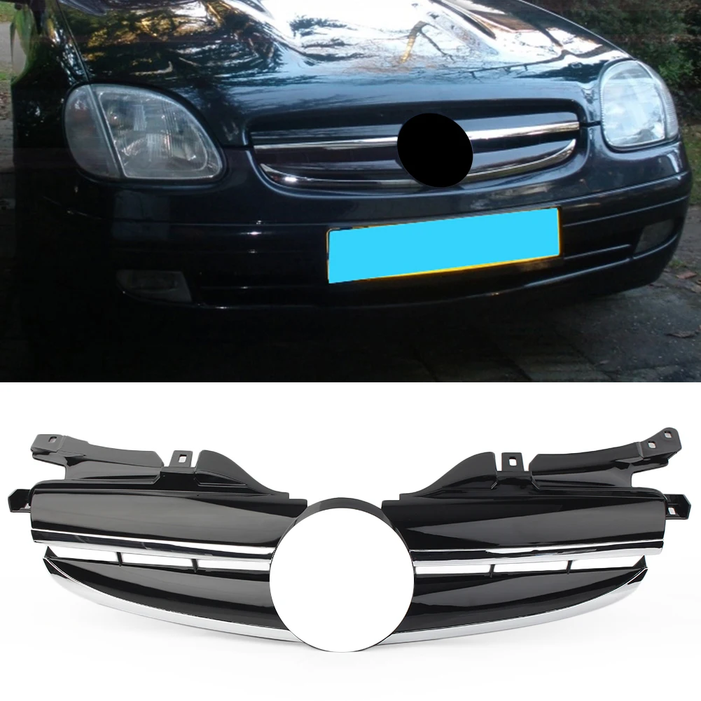 2-Pin Car Front Mesh Grille Grill w/ Logo For Mercedes Benz SLK-Class R170 W170 1998 1999 2000 2001 2002 2003 2004 Chrome Black