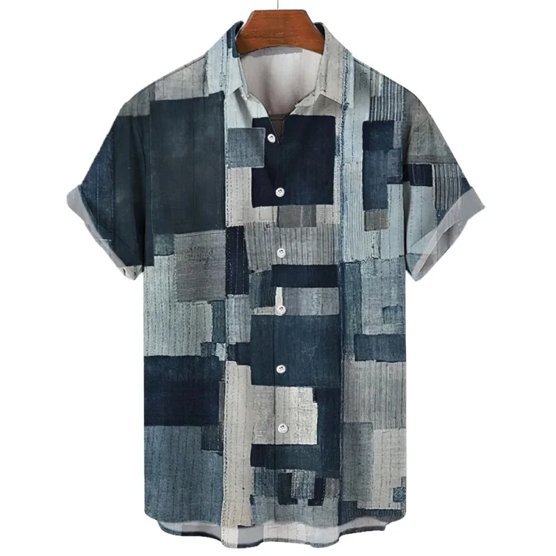 

Fashion Patchwork Design Printed Pattern Hawaiian Shirts for Men Short Sleeve Casual Button Down Hawaiian Shirt Blouse Tops