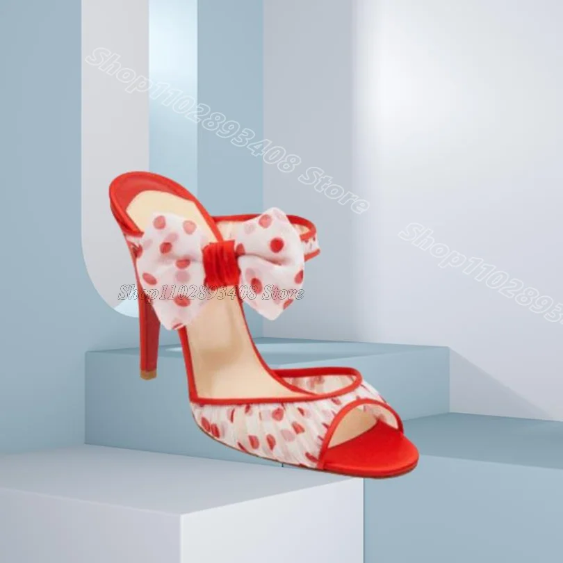 

Polka Dot Bowknot Decor Slippers Peep Toe Slip on Summer Sweet Style for Women Elegant Casual Slippers 2025 Zapatos Para Mujere