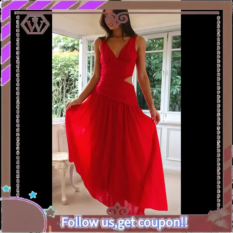 A95D-レディースロングドロップウエストルーシュサマードレス、流れるようなVネックカットアウトプリーツレディースドレス