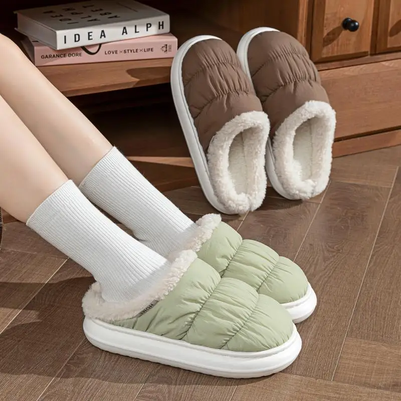 Lightweight Thick Bottom Warm Down Indoor Slippers Women Winter 2026 Comfort Lambswool Home Slippers Couple Furry Bedroom Slides