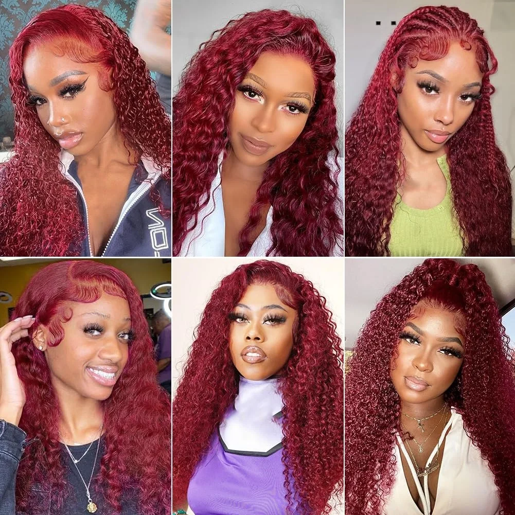 99J Burgundy Water Wave 13x6 Lace Frontal Wig For Women 13x4 HD Transparent Curly Human Hair Wigs PrePlucked Remy Hair 30 34Inch